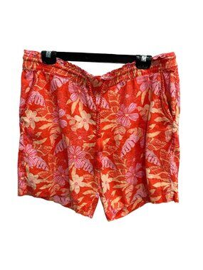 Island Collection Large Red Floral Linen Blend Shorts Boho Chic Gardencore